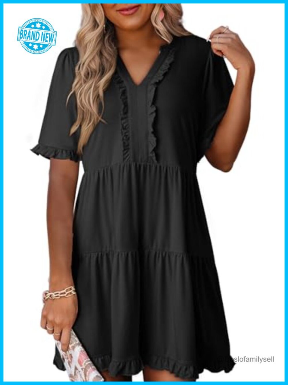 Womens A Line Babydoll Mini Dress with Pockets V Neck Short Sleeve Summer